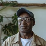 Home Senior man smiling indoors wearing glasses and a baseball cap with indoor plants in the background.